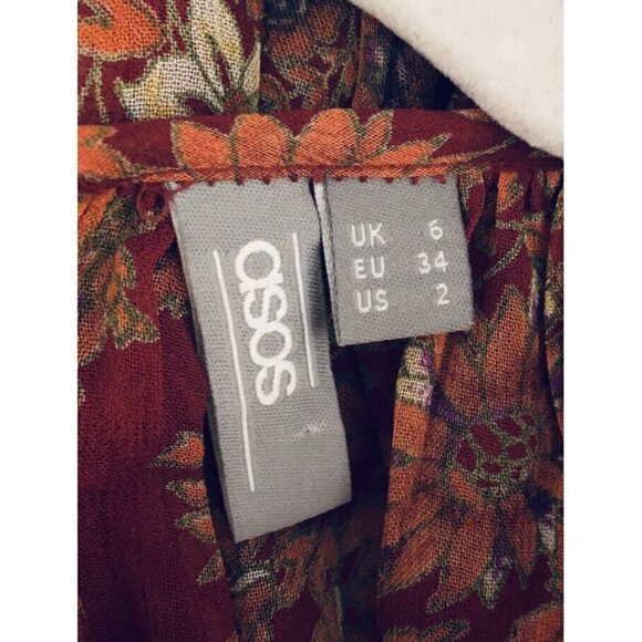 Asos Womens Size 2 Red Oversized Peasant Blouse Floral Ruffle Hem Boho - Picture 4 of 5